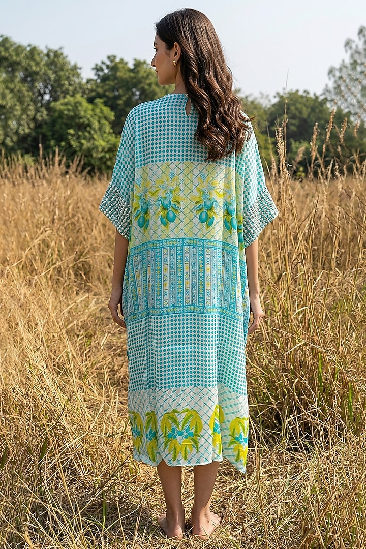 Aqua Green Chiffon Printed Kaftan by Basil Leaf at Pernia's Pop Up Shop