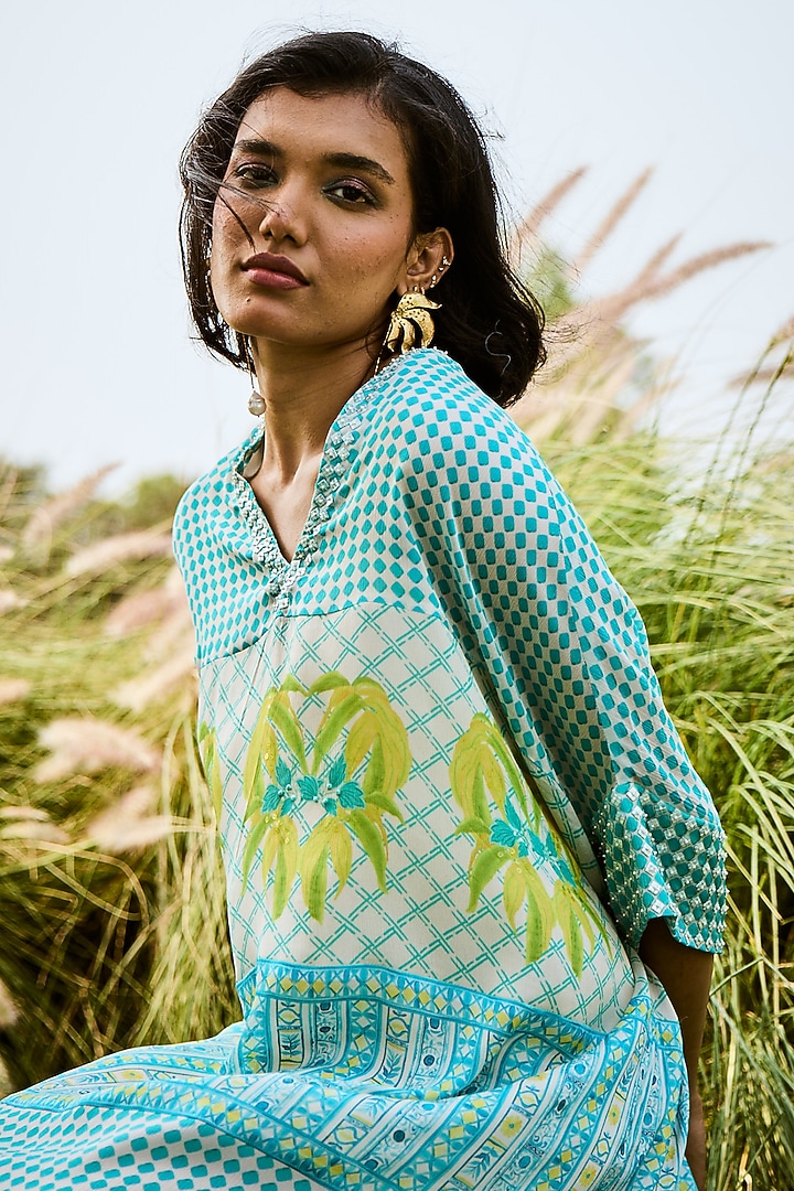 Aqua Green Chiffon Printed Kaftan by Basil Leaf at Pernia's Pop Up Shop