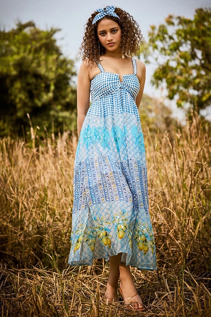 Blue Organza Printed Maxi Vacation Dress by Basil Leaf at Pernia's Pop Up Shop