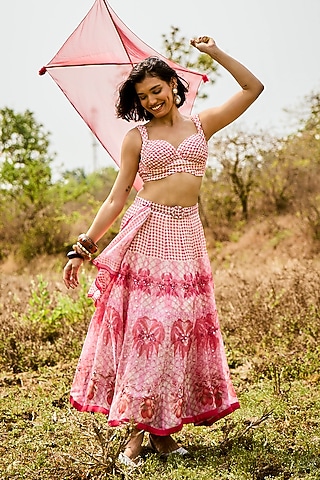 Peach Organza Printed Skirt Set by Basil Leaf