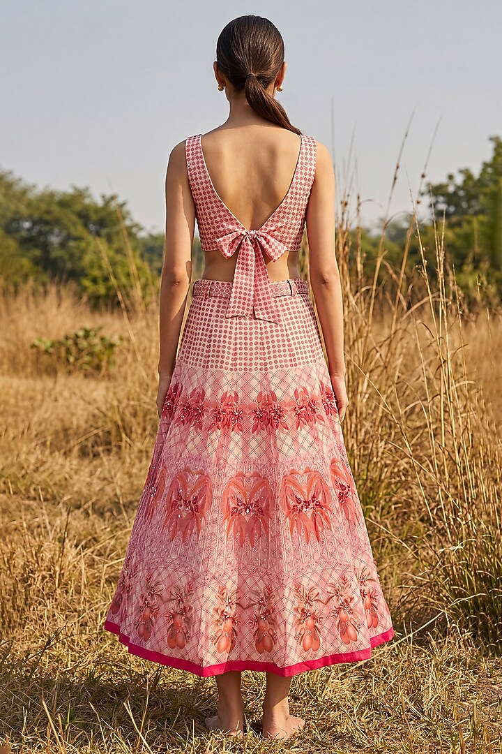 Peach Organza Printed Skirt Set by Basil Leaf at Pernia's Pop Up Shop
