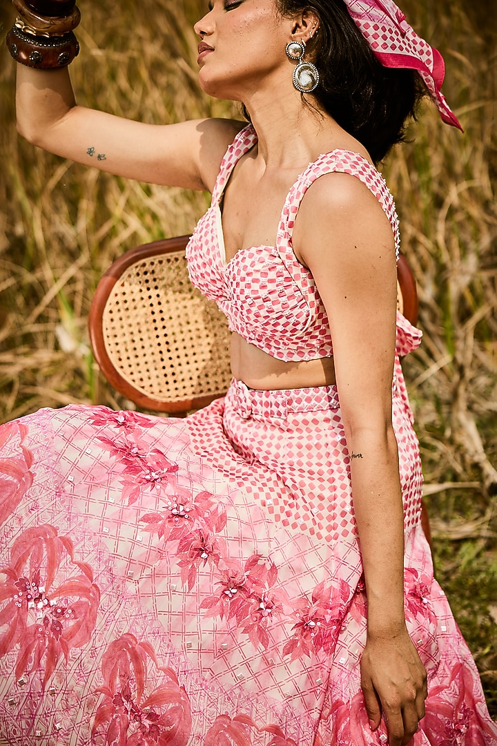 Peach Organza Printed Skirt Set by Basil Leaf at Pernia's Pop Up Shop