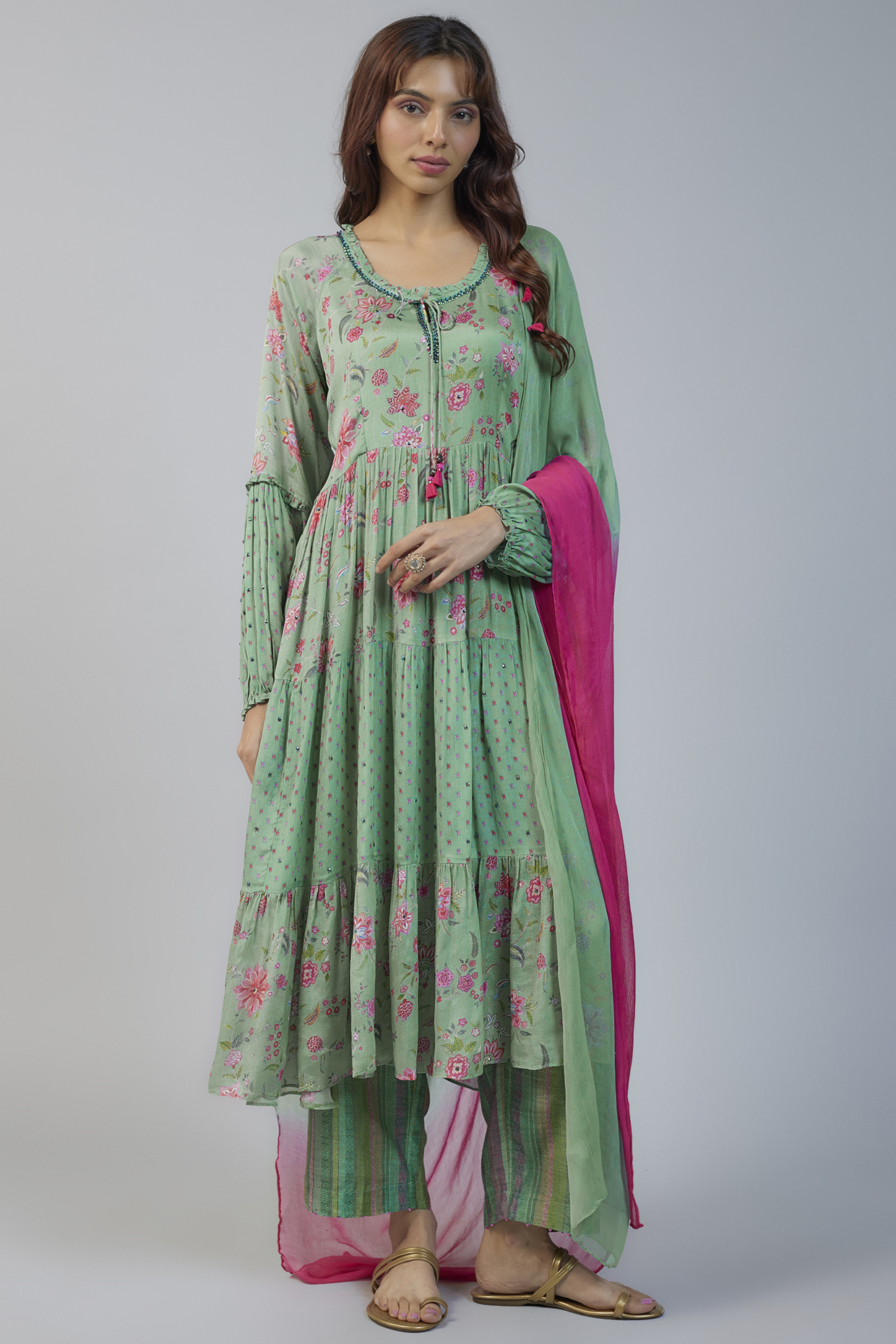 Blue Chiffon Printed & Embroidered Kurta Set by Basil Leaf at Pernia's Pop Up Shop