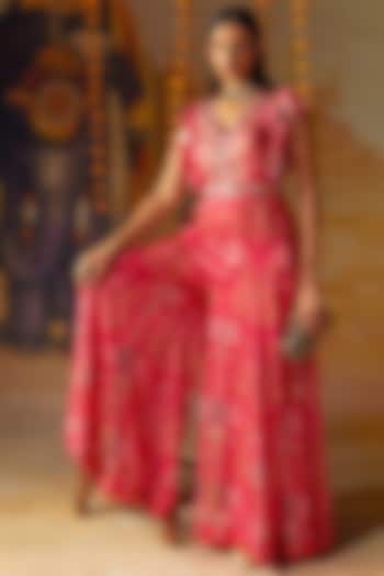 Pink Crepe Printed & Hand Embroidered Jumpsuit With Belt by Basil Leaf at Pernia's Pop Up Shop