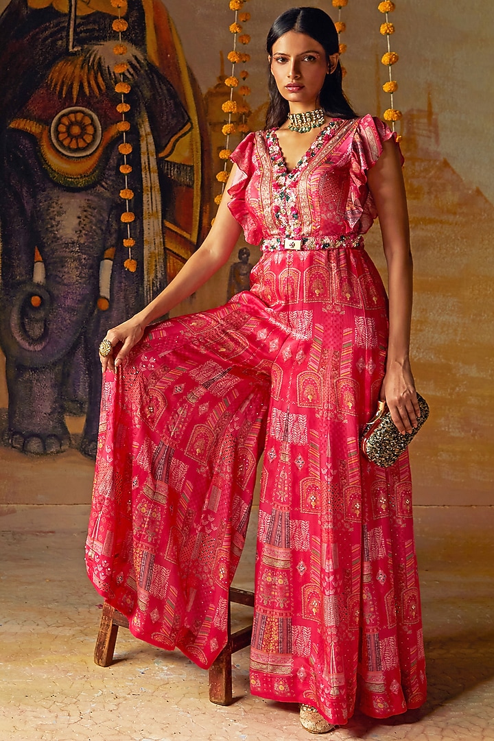 Pink Crepe Printed & Hand Embroidered Jumpsuit With Belt by Basil Leaf at Pernia's Pop Up Shop