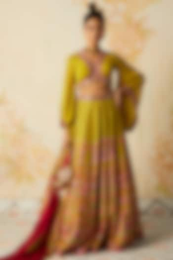 Yellow Tussar Printed Wedding Lehenga Set by Basil Leaf at Pernia's Pop Up Shop