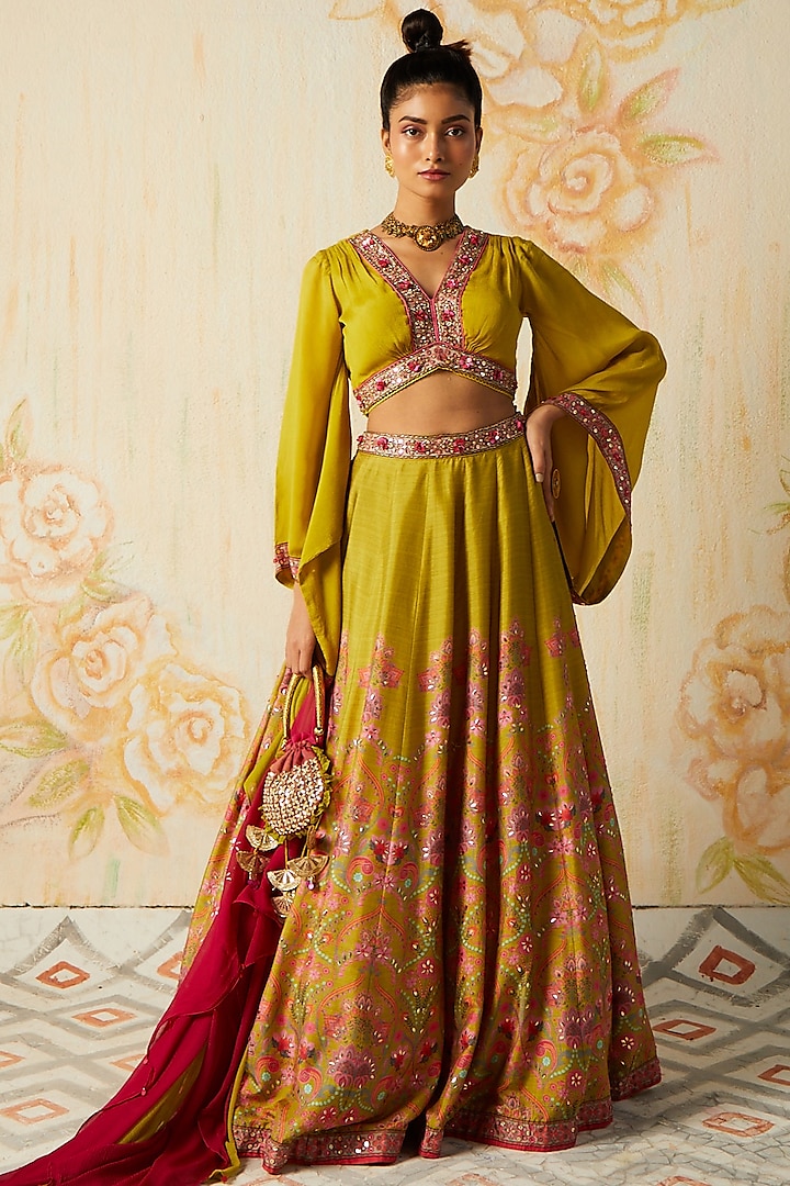 Yellow Tussar Printed Wedding Lehenga Set by Basil Leaf at Pernia's Pop Up Shop