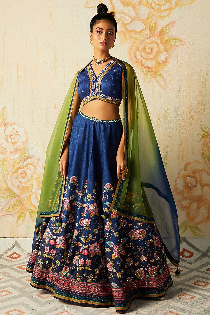 Blue Tussar Printed & Embroidered Lehenga Set by Basil Leaf