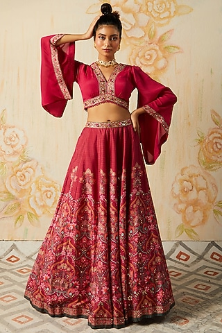 Plum Tussar Embroidered Lehenga Set by Basil Leaf