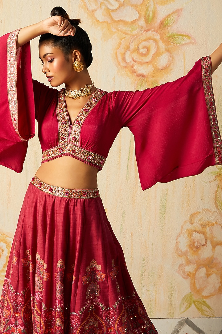 Plum Tussar Embroidered Wedding Lehenga Set by Basil Leaf at Pernia's Pop Up Shop