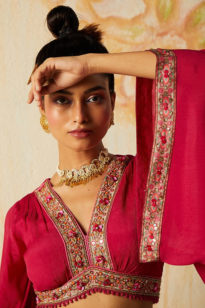 Plum Tussar Embroidered Wedding Lehenga Set by Basil Leaf at Pernia's Pop Up Shop