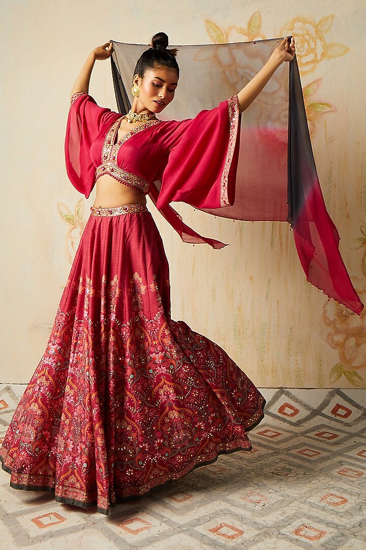 Plum Tussar Embroidered Wedding Lehenga Set by Basil Leaf at Pernia's Pop Up Shop