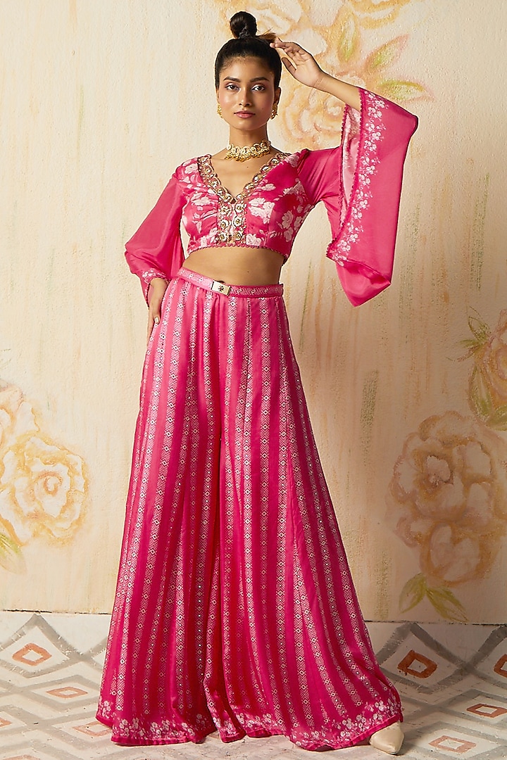 Pink Gajji Satin Pant Set by Basil Leaf