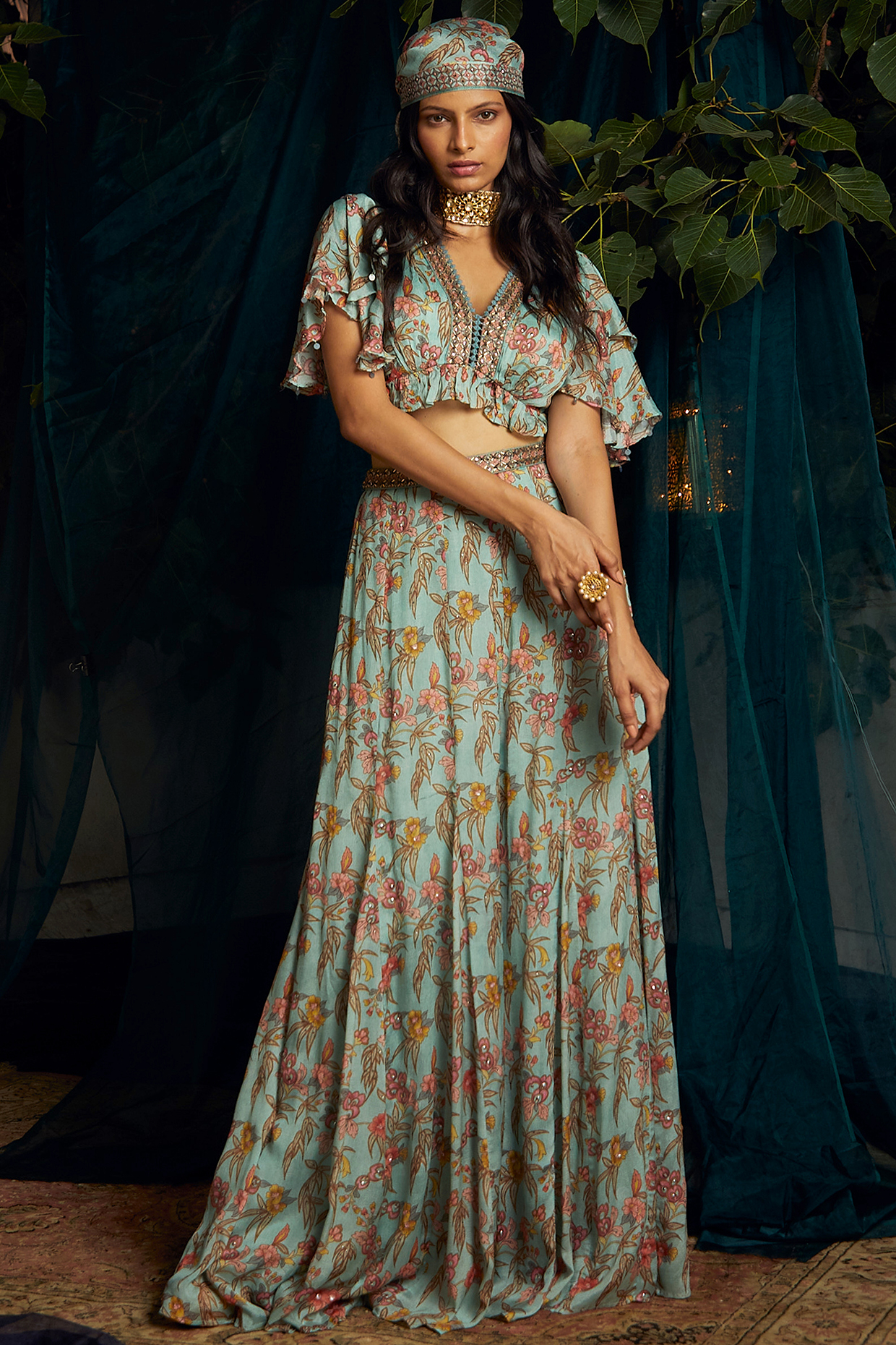 Grey Chiffon Printed Pant Set by Basil Leaf at Pernia's Pop Up Shop
