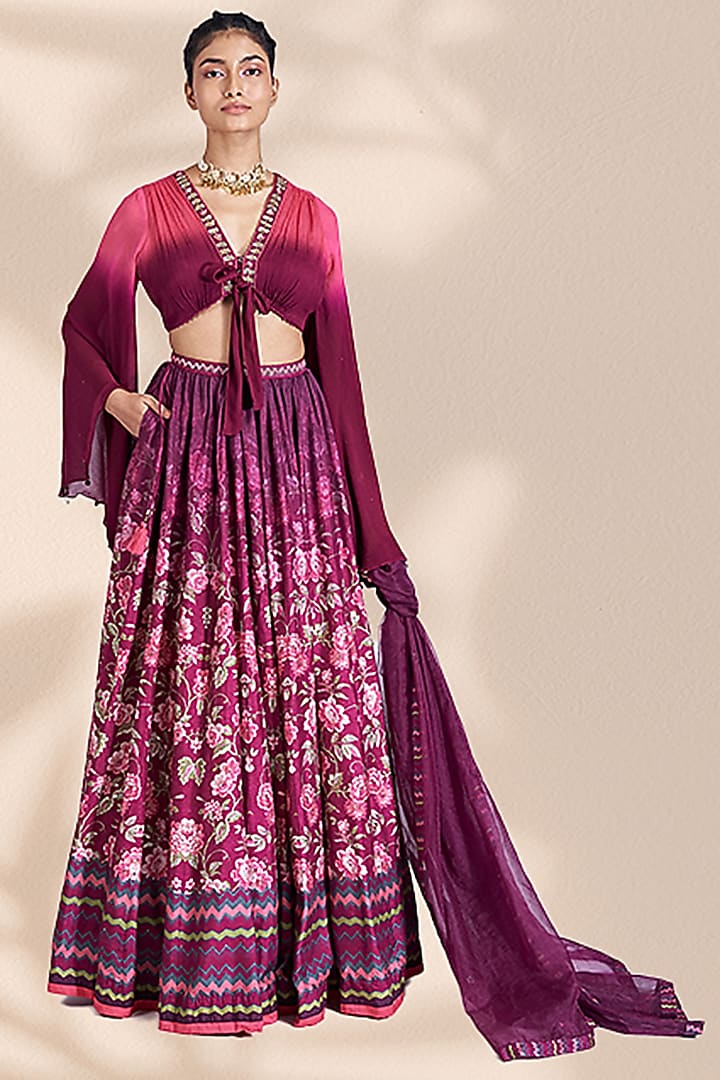 Wine Tussar Printed Wedding Lehenga Set by Basil Leaf at Pernia's Pop Up Shop