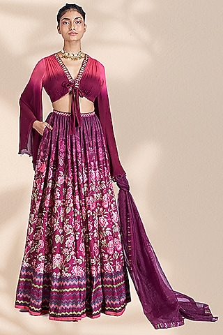 Wine Tussar Printed Lehenga Set by Basil Leaf