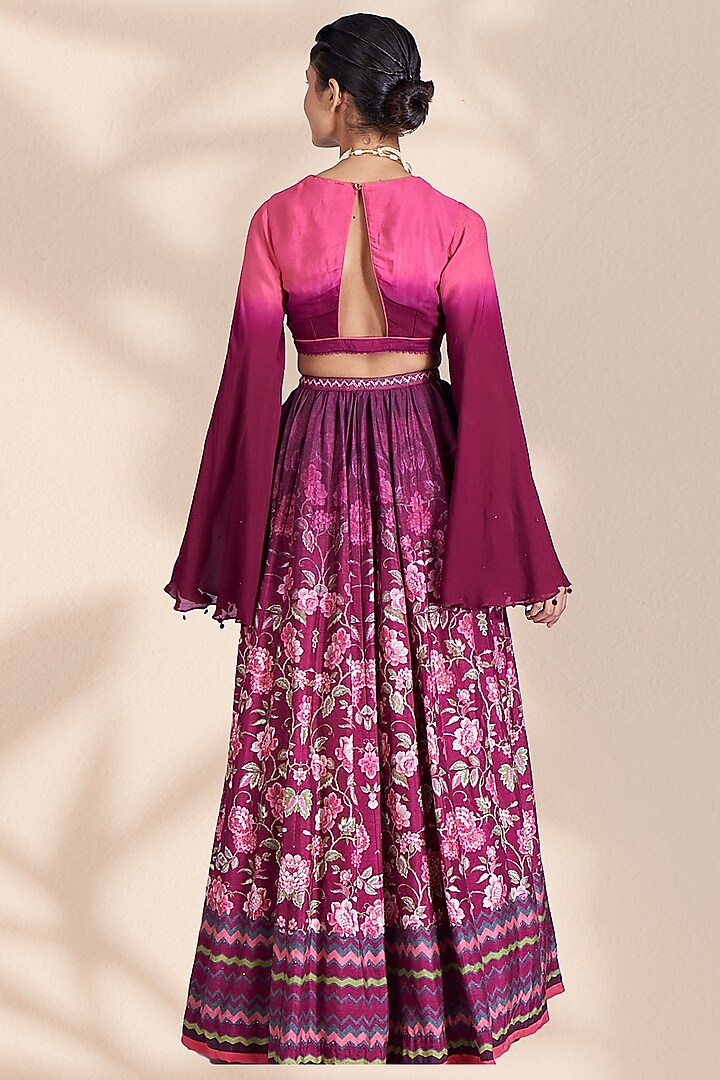 Wine Tussar Printed Wedding Lehenga Set by Basil Leaf at Pernia's Pop Up Shop