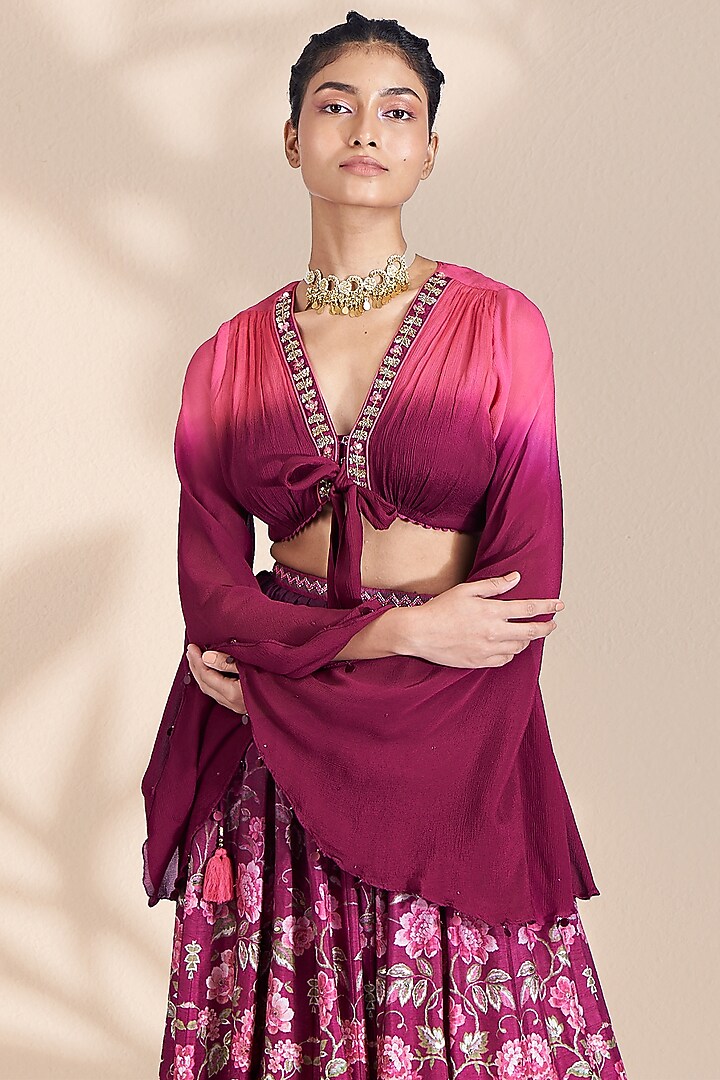 Wine Tussar Printed Wedding Lehenga Set by Basil Leaf at Pernia's Pop Up Shop