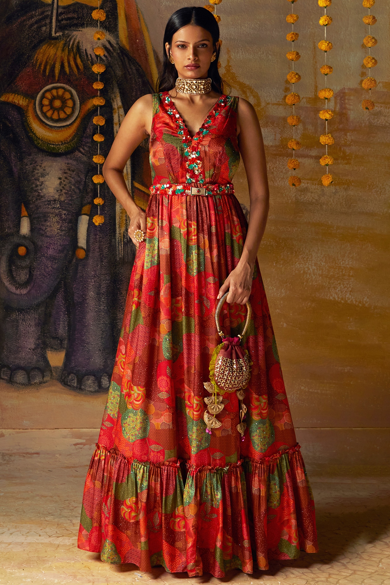 Rust Gajji Satin Printed Embellished Gown With Belt Design by