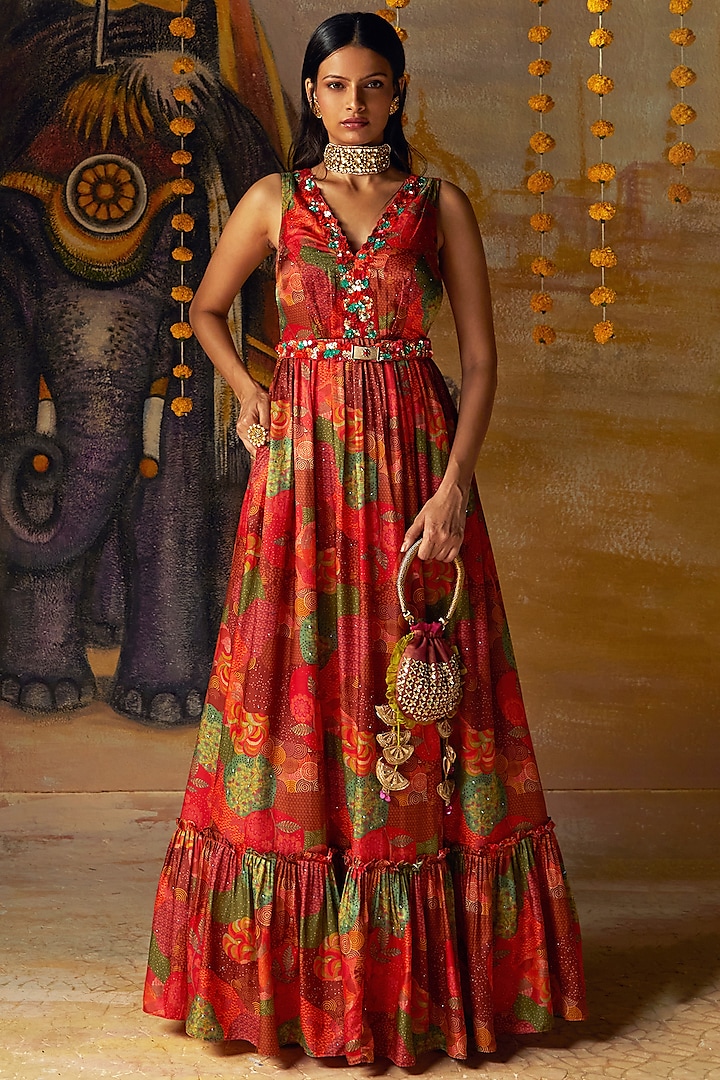Rust Gajji Satin Printed & Embellished Gown With Belt by Basil Leaf