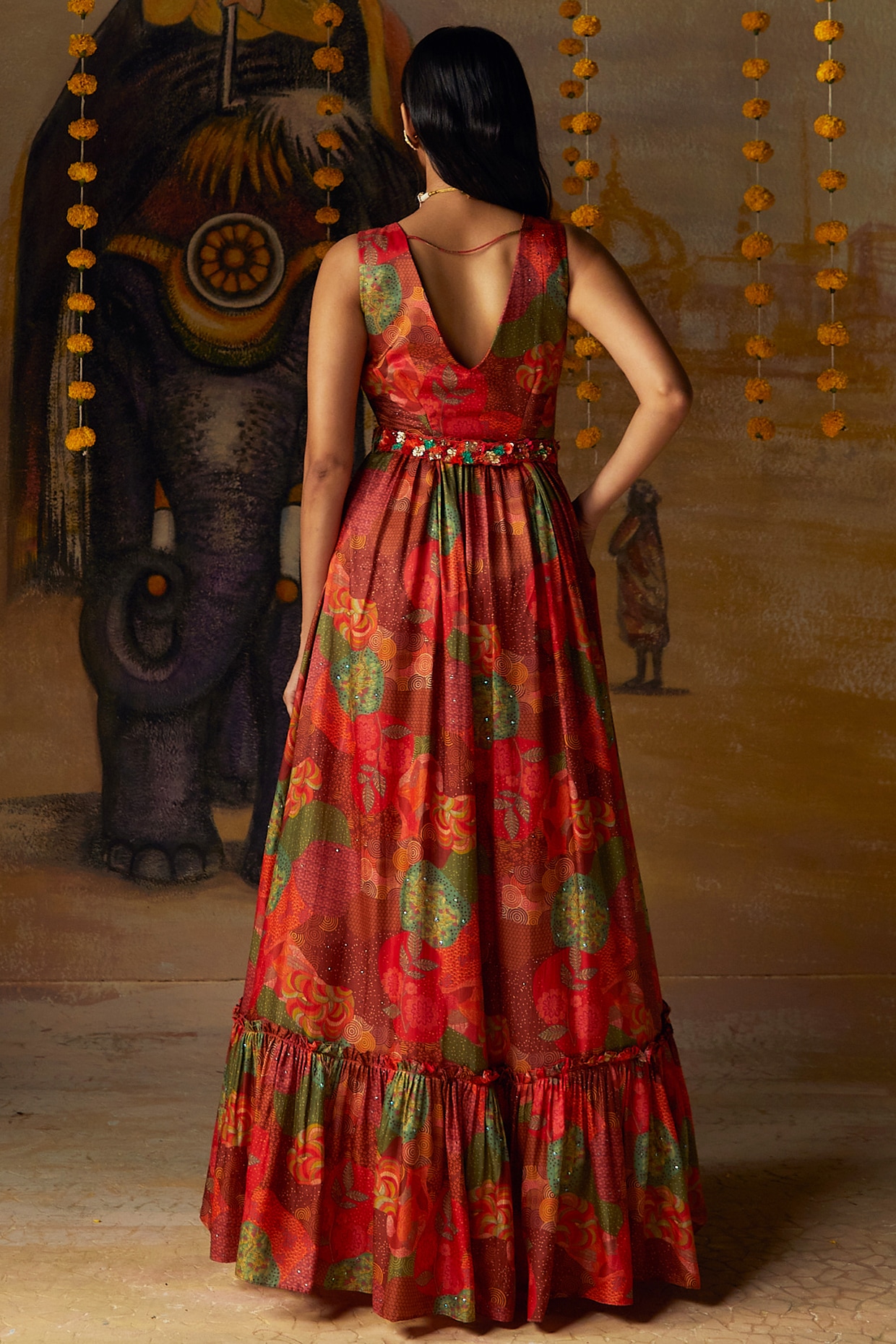 Rust Gajji Satin Printed Embellished Gown With Belt Design by