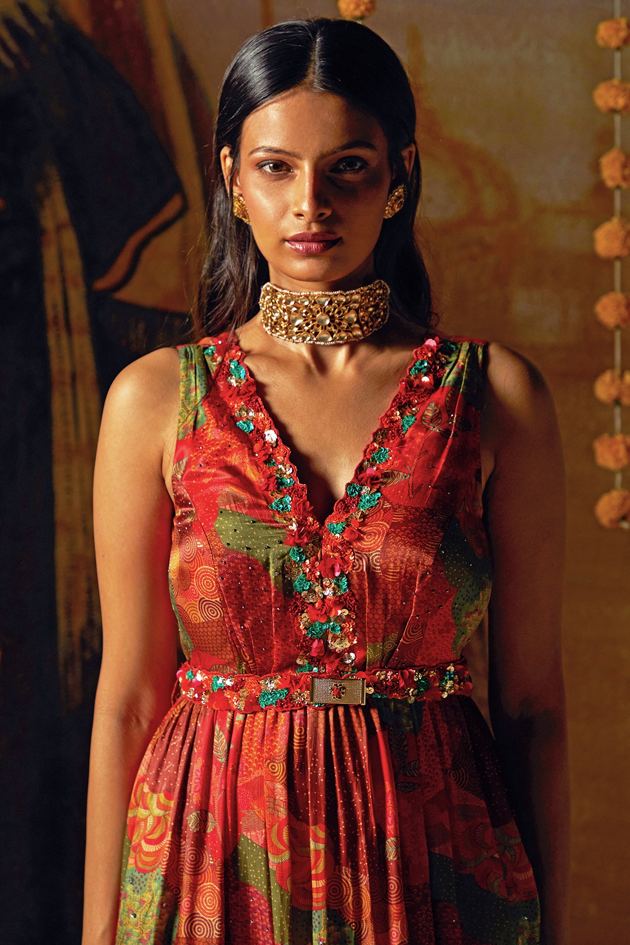 Rust Gajji Satin Printed Embellished Gown With Belt Design by