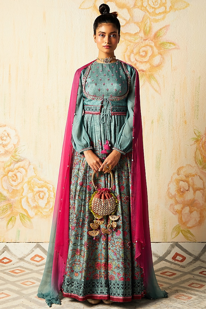 Grey Printed Anarkali Set by Basil Leaf at Pernia's Pop Up Shop