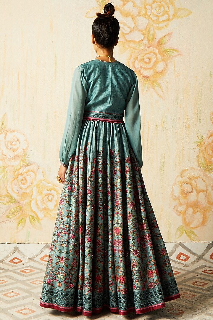 Grey Printed Party Wear Anarkali Set by Basil Leaf at Pernia's Pop Up Shop