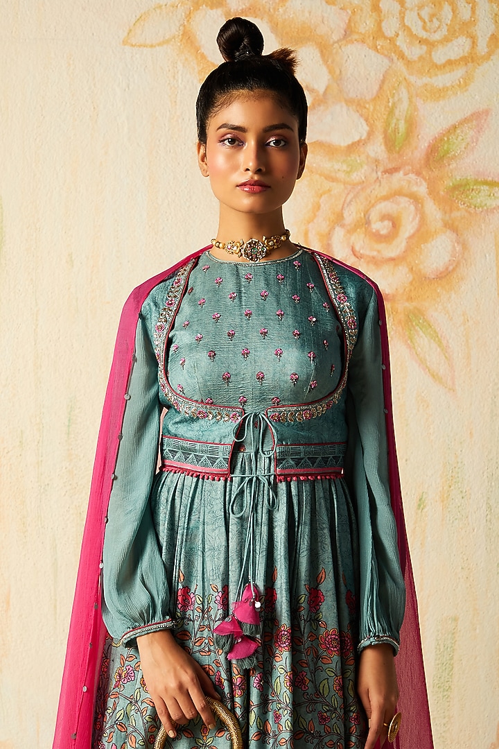 Grey Printed Party Wear Anarkali Set by Basil Leaf at Pernia's Pop Up Shop