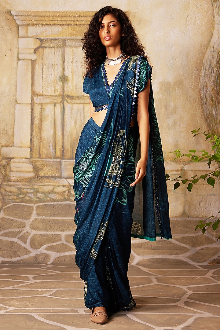 Blue Chinon Chiffon Pre-Draped Saree Set by Basil Leaf at Pernia's Pop Up Shop