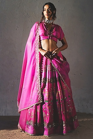 Pink Chiffon Lehenga Set by Basil Leaf