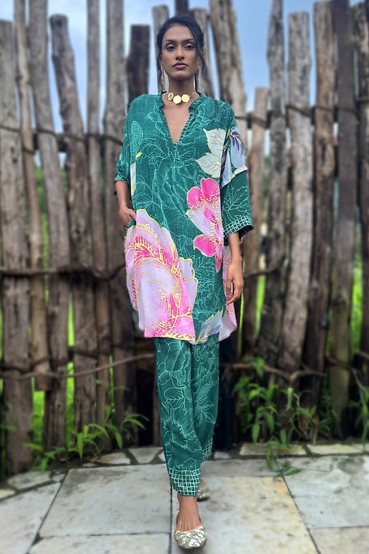 Forest Green Crepe Hand Embroidered Co-Ord Set by Basil Leaf at Pernia's Pop Up Shop