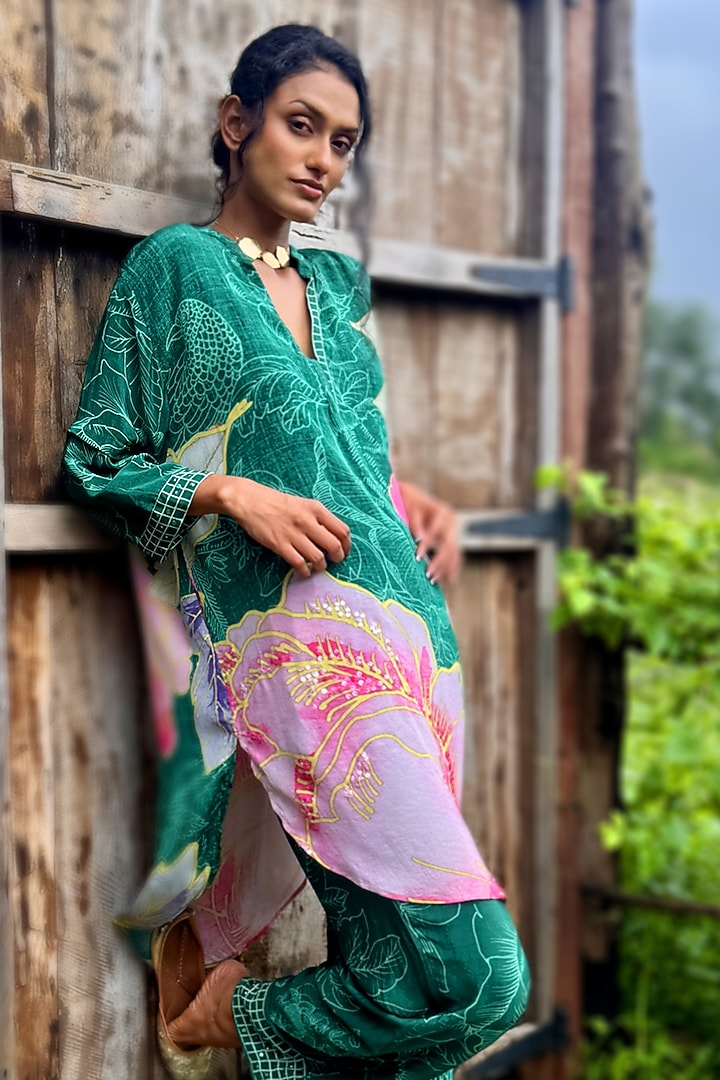 Forest Green Crepe Hand Embroidered Co-Ord Set by Basil Leaf at Pernia's Pop Up Shop