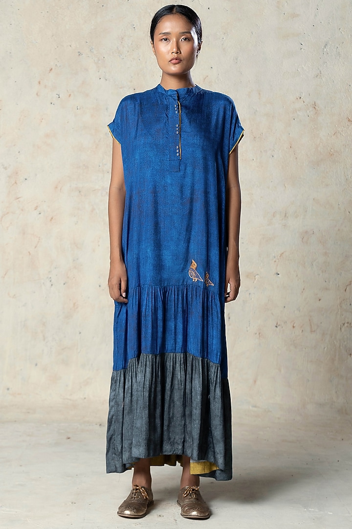 Blue Tussar Midi Summer Dress by Basil Leaf at Pernia's Pop Up Shop