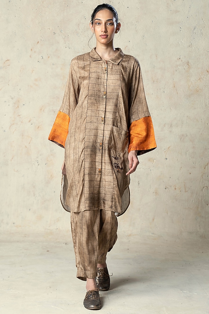Khaki Tussar Kurta Set by Basil Leaf at Pernia's Pop Up Shop