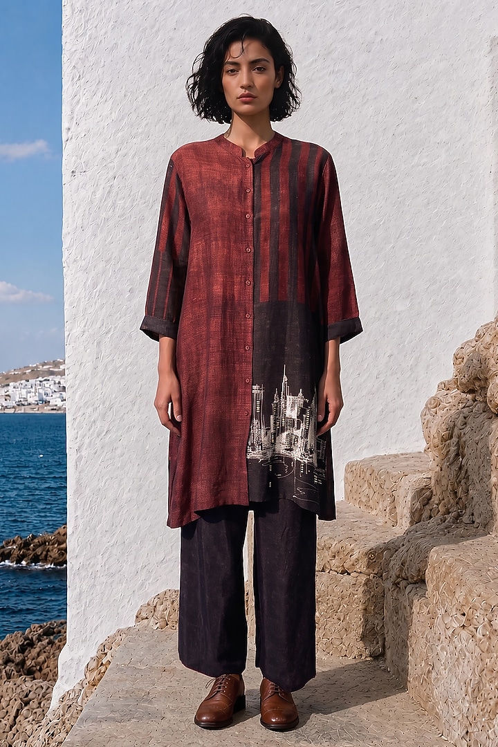 Maroon Linen Silk Printed Co-Ord Set by Basil Leaf at Pernia's Pop Up Shop