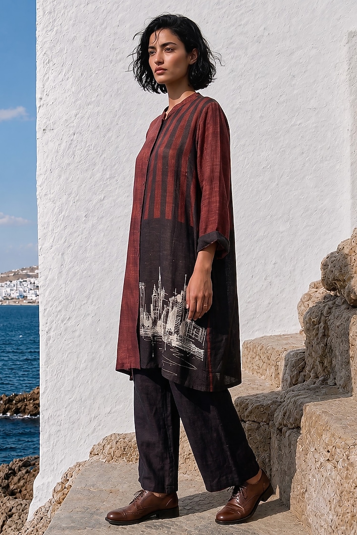 Maroon Linen Silk Printed Co-Ord Set by Basil Leaf at Pernia's Pop Up Shop