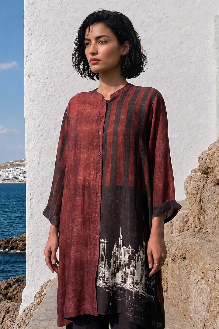 Maroon Linen Silk Printed Co-Ord Set by Basil Leaf at Pernia's Pop Up Shop
