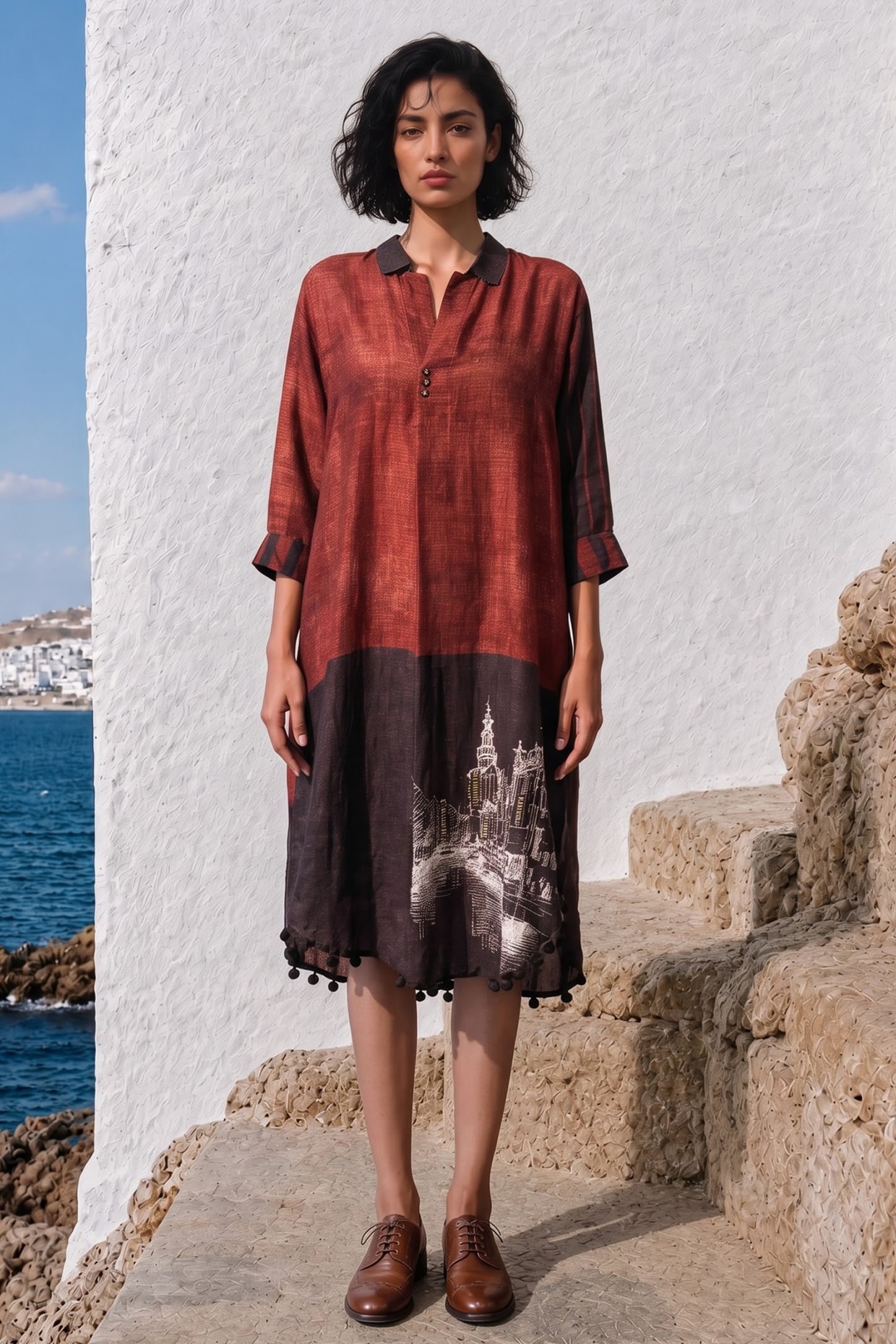 Basil Leaf Maroon Linen Silk Printed Dress