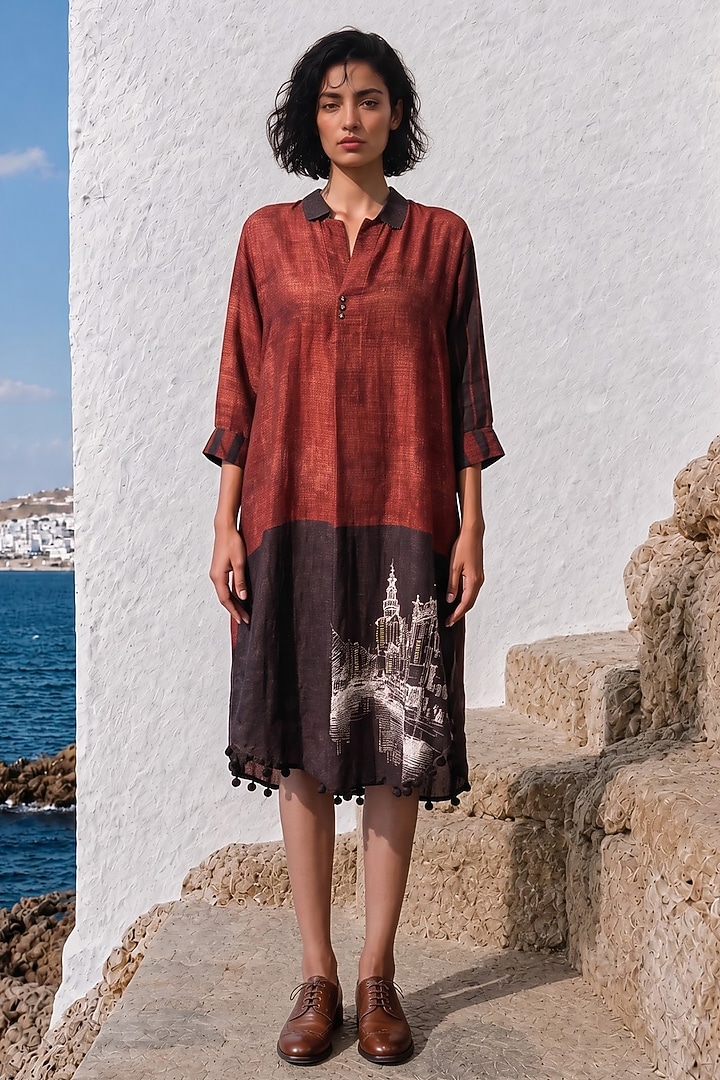 Maroon Linen Silk Printed Summer Dress by Basil Leaf at Pernia's Pop Up Shop