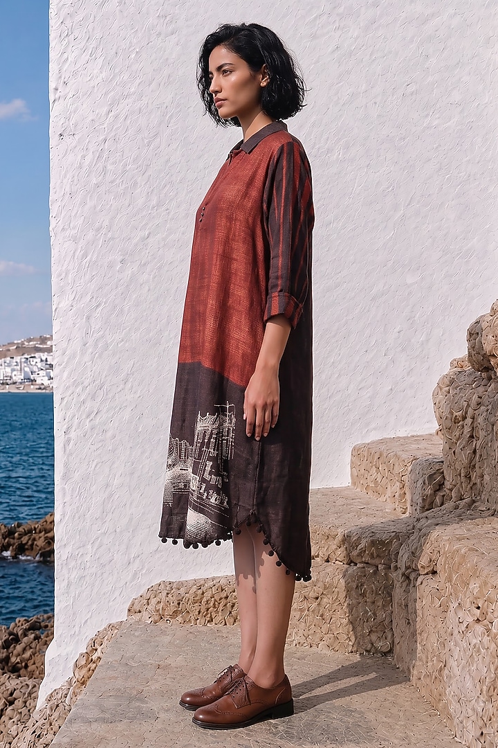 Maroon Linen Silk Printed Summer Dress by Basil Leaf at Pernia's Pop Up Shop