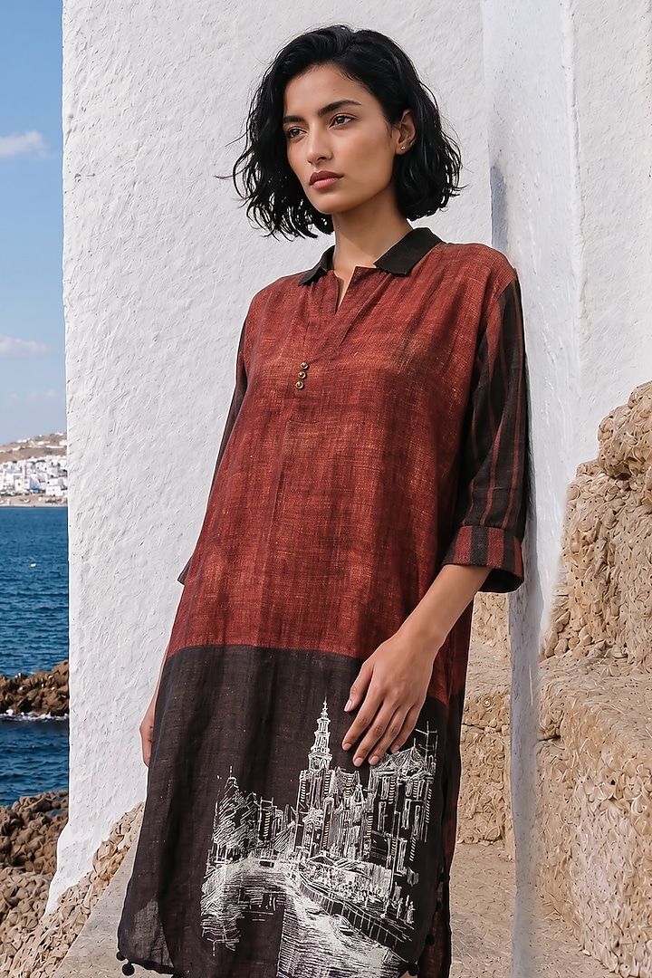 Maroon Linen Silk Printed Summer Dress by Basil Leaf at Pernia's Pop Up Shop