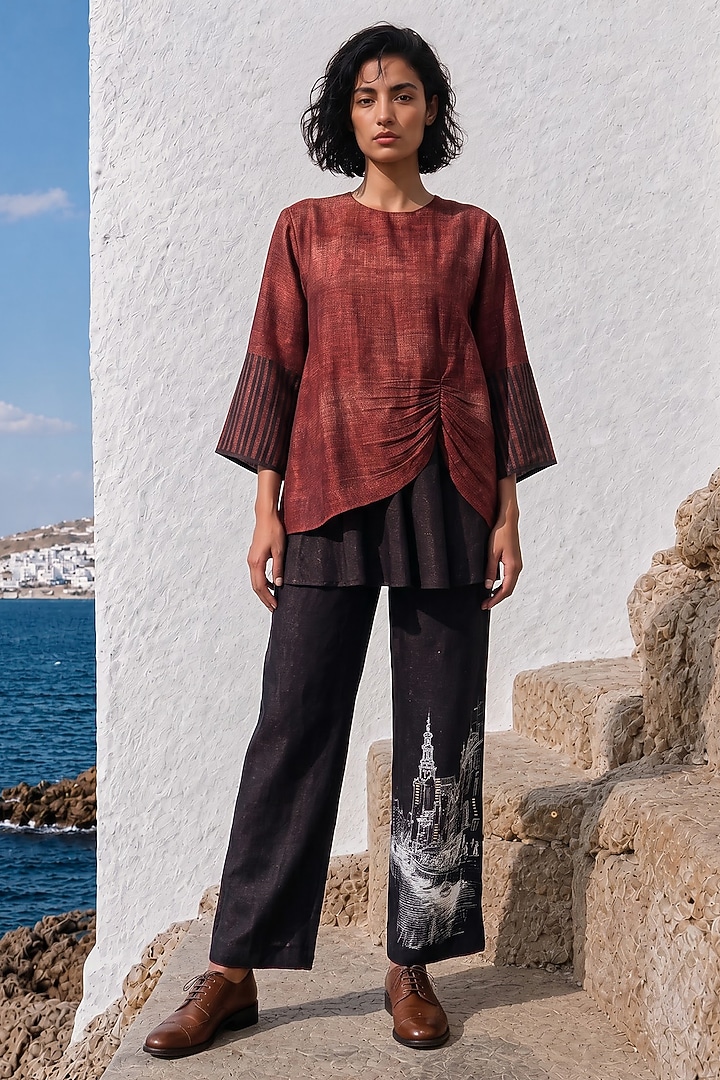 Maroon Linen Silk Printed Co-Ord Set by Basil Leaf at Pernia's Pop Up Shop