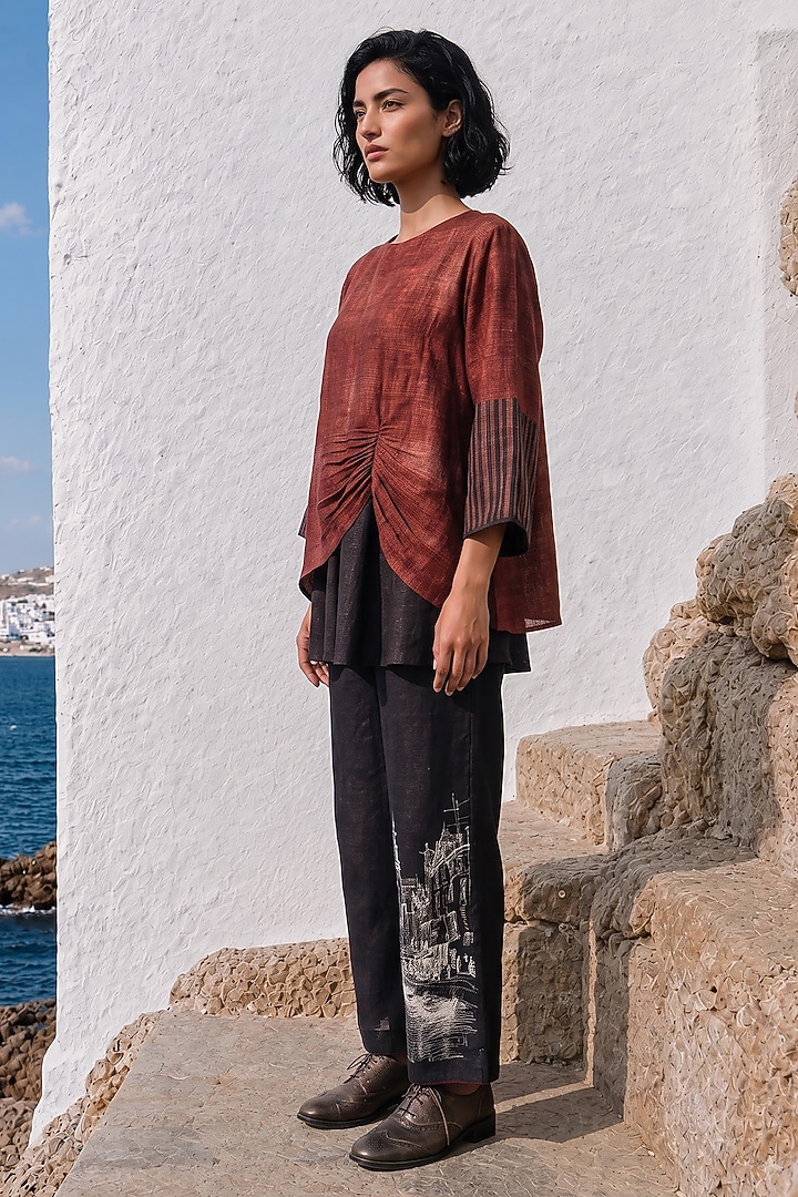 Maroon Linen Silk Printed Co-Ord Set by Basil Leaf at Pernia's Pop Up Shop