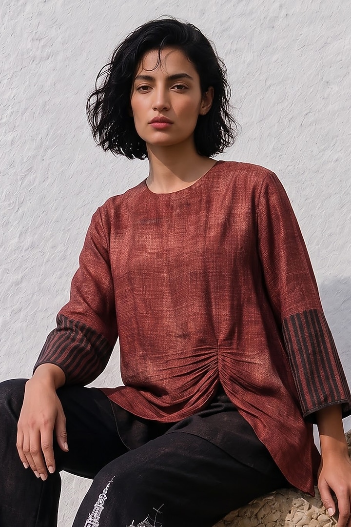 Maroon Linen Silk Printed Co-Ord Set by Basil Leaf at Pernia's Pop Up Shop