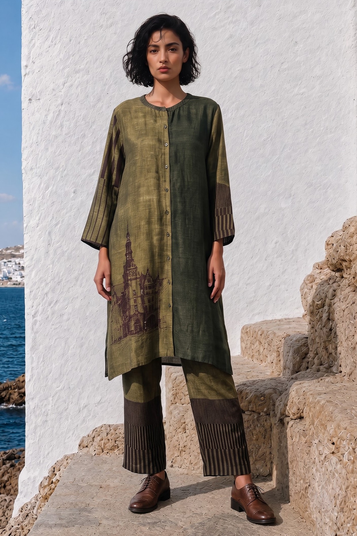 Basil Leaf Olive Linen Silk Printed Co-Ord Set