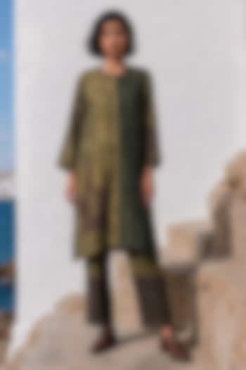 Olive Linen Silk Printed Co-Ord Set by Basil Leaf at Pernia's Pop Up Shop