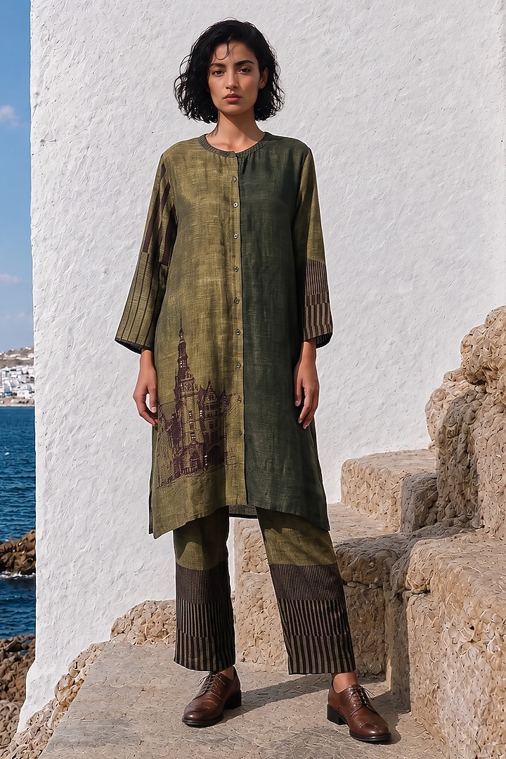 Olive Linen Silk Printed Co-Ord Set by Basil Leaf at Pernia's Pop Up Shop