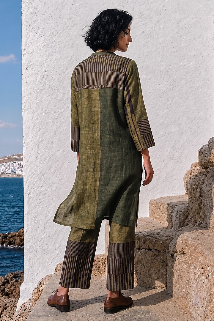 Olive Linen Silk Printed Co-Ord Set by Basil Leaf at Pernia's Pop Up Shop