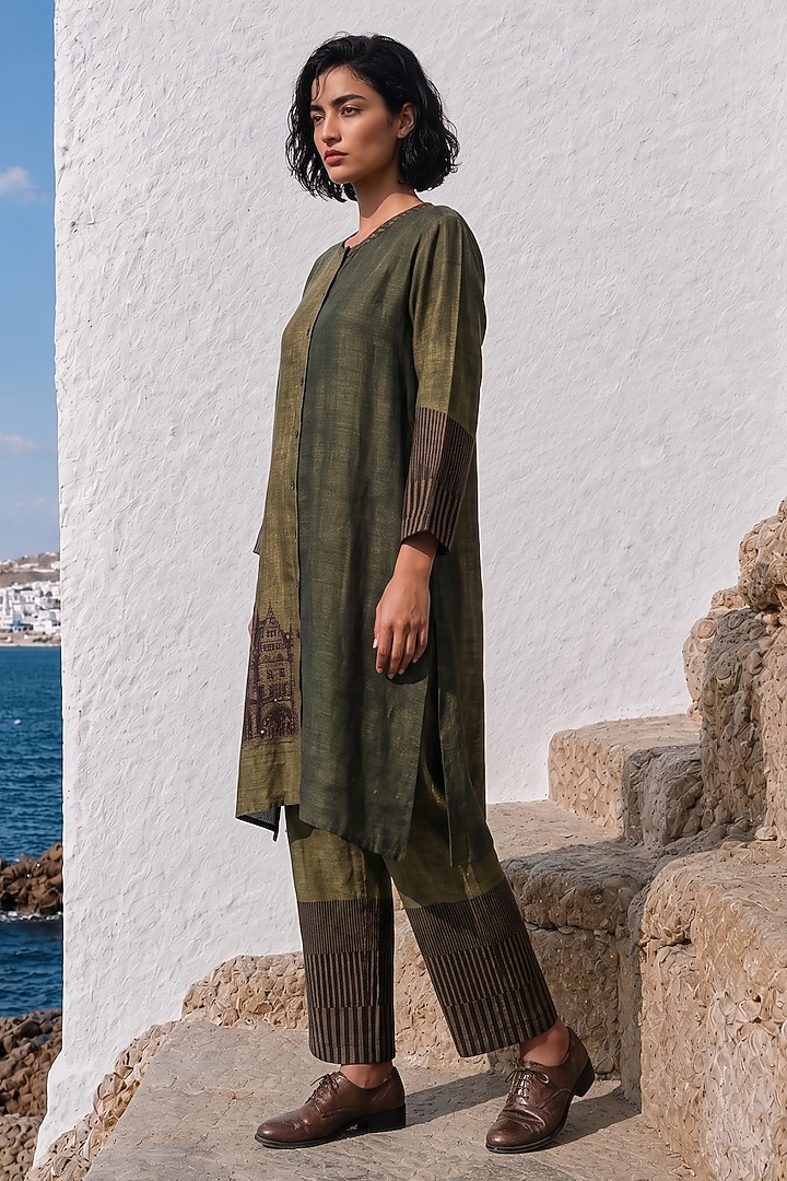 Olive Linen Silk Printed Co-Ord Set by Basil Leaf at Pernia's Pop Up Shop